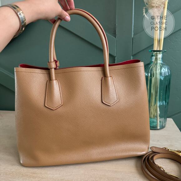 Prada Double Cuir Saffiano Leather Medium Camel Tote Shoulder Bag Retails $4950 - Picture 2 of 12
